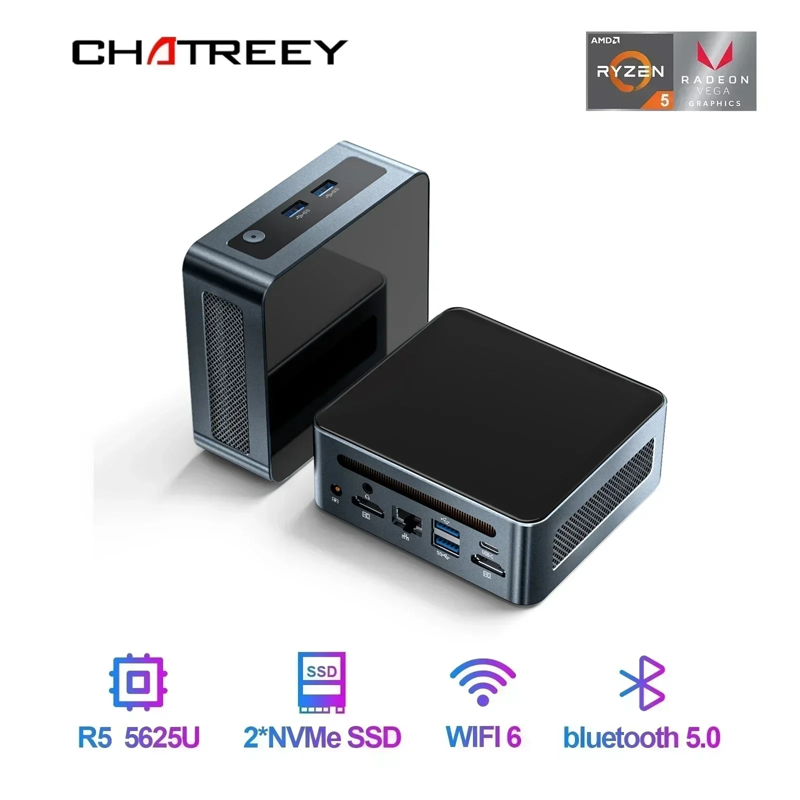 Chatreey AN2P كمبيوتر صغير R5 5625U/AN2C 3550H كمبيوتر مكتبي للألعاب NVME SSD WIFI6 HD Windows 11 Pro