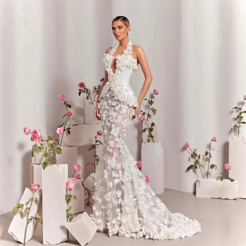 

New Arrival White Three-Dimensional Embroidered Flower Sexy Low-Cut Halter Fake Two-Piece Dress Haute Couture Evening Wedding Dr