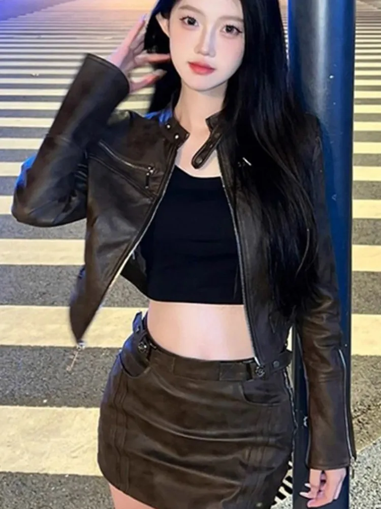 Retro Sle Women's Slim Fit PU Leather Jaet Stand Collar ort Outerwear Bla Spicy Girl Faion Autumn New Arrival