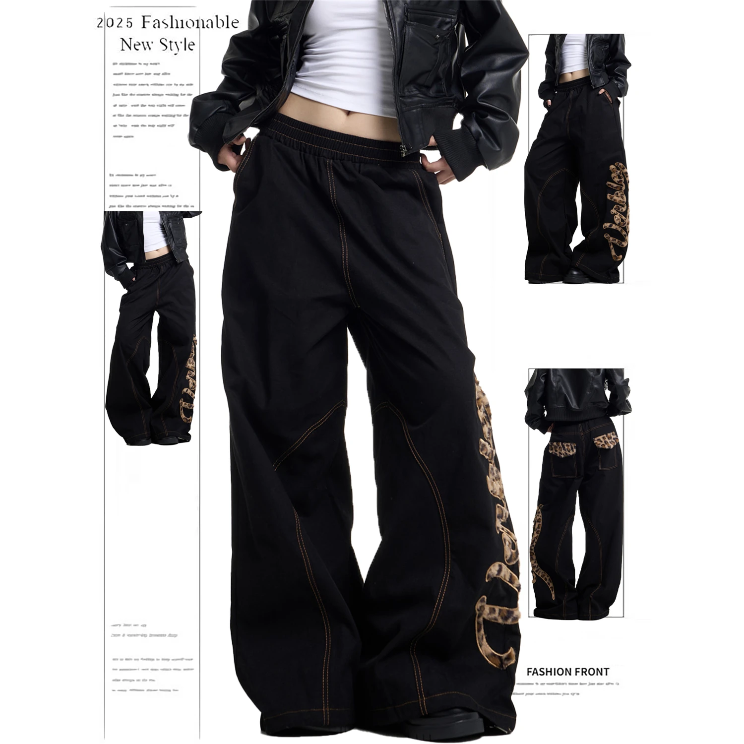 

Women's Y2K Streetwear Baggy Jeans Black Denim with Leopard Print Letter Patchwork Wide Leg Trousers Casual Fashion Pants