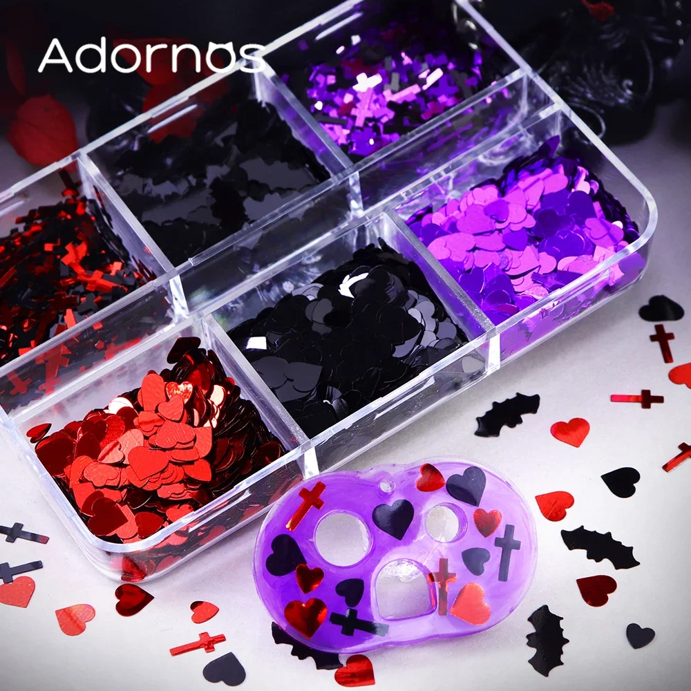 Halloween Resin Sequins Dark Epoxy Resin Filling Red Black Purple Mixed Bat Cross Love Heart Shape Paillettes DIY Crafts Making