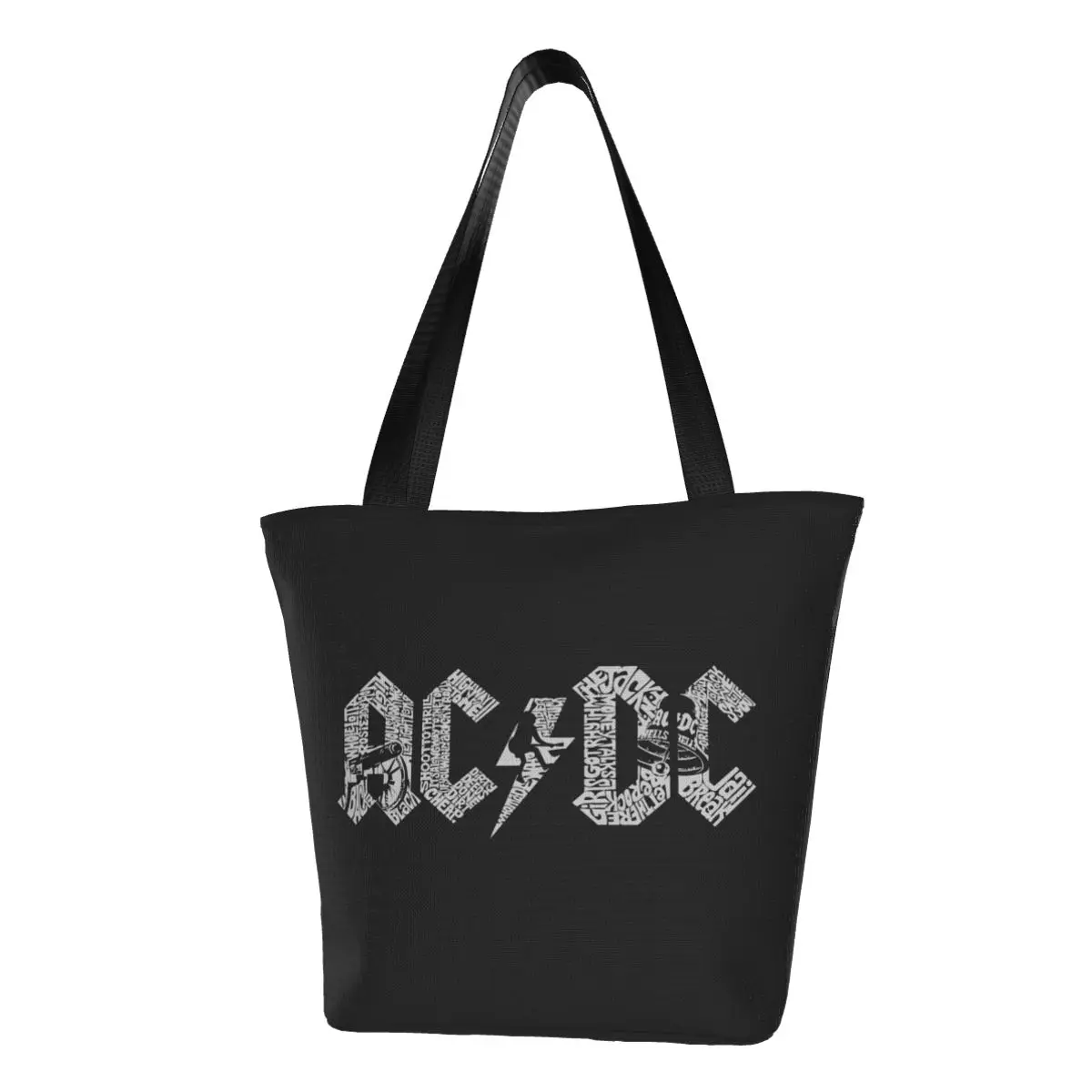 Recycling AC DC Albums Rock Roll Shopping Bag Canvas Shoulder Tote Bag Washable Heavy Metal Band Music Groceries Shopper Bags