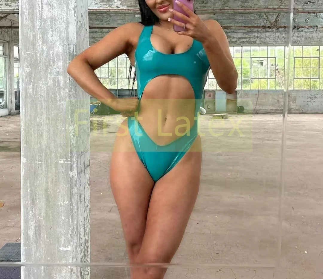 

Латексный женский купальник ручной работы с полой передней частью, сексуальное нижнее белье Lake Bule, боди, резиновый женский купальник, клубный наряд для косплея