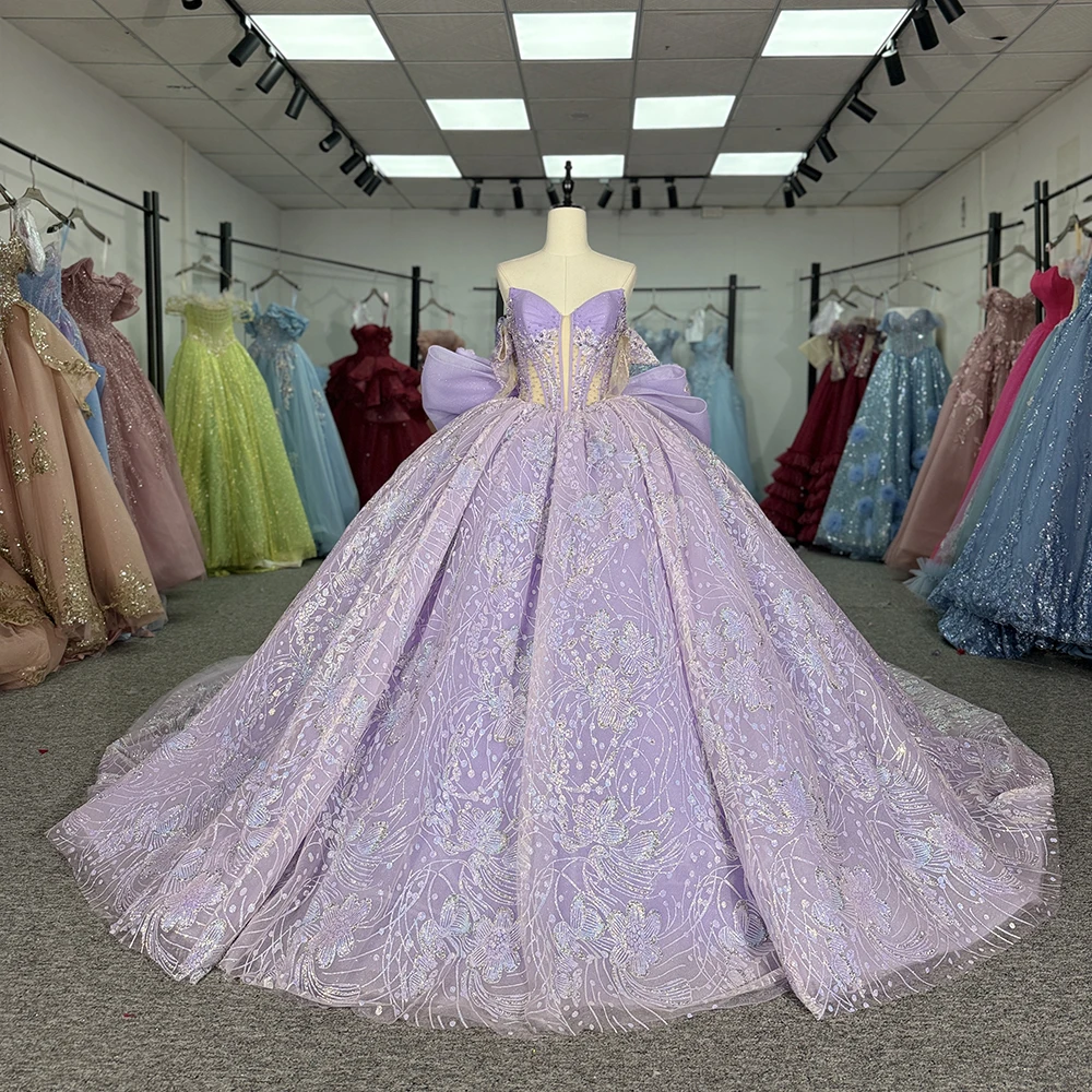 

Платье принцессы для Quinceanera, бальное платье с кружевом, вышивкой бисером, бантом и корсетом, на 15-летие, Vestido De 15 Anos, на заказ, с длинными рукавами DY6962