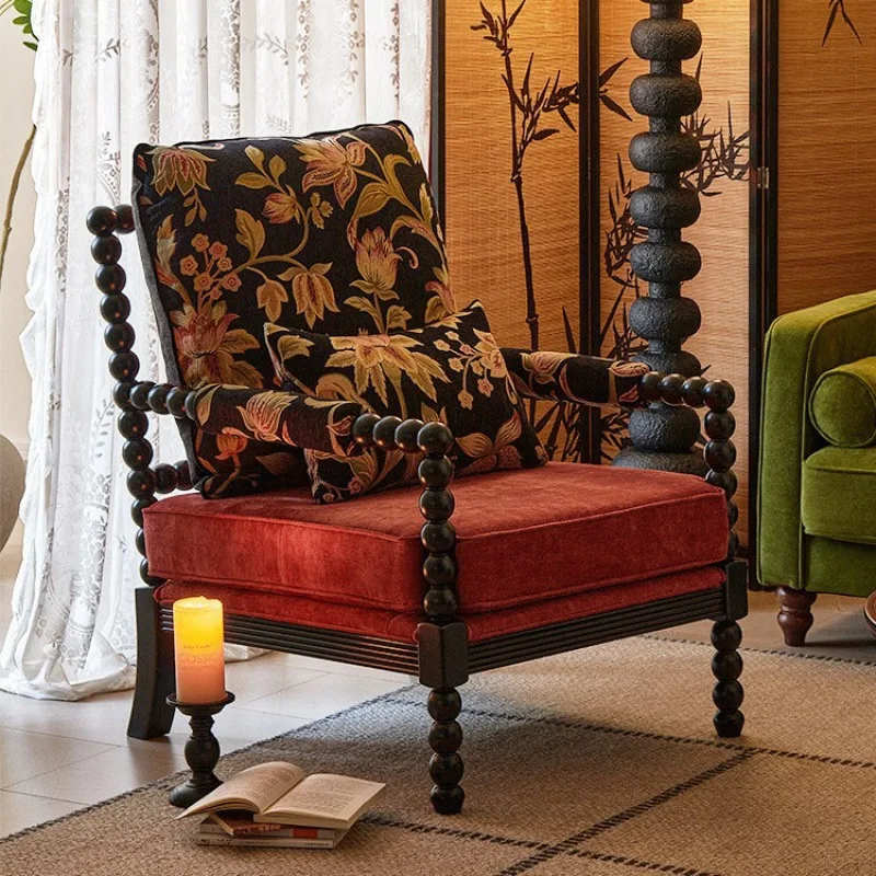 

French black pearl chair retro high-end American solid wood single casual sofa chair living room jacquard fabric stool