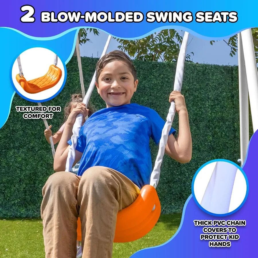 Metal Swing Set with 2 Swings, Rocking Horse, Mini-Trampoline, on Slide, & Bonus Anchor Kit, for Kids 3-8