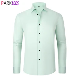 Mens Light Green Elastic Formal Dress Shirts 2024 Brand Slim Fit Long Sleeve Shirt Men Casual Anti-wrinkle Business Shirt Male