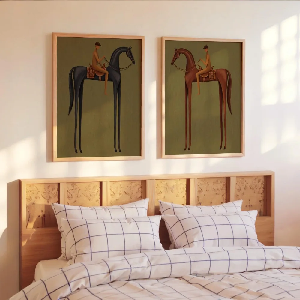 Frameless,Mid-century Modern Horse Wall Art, Retro Jockey Painting, Neutral Surrealist Painting, Simple Western Rider Decoration