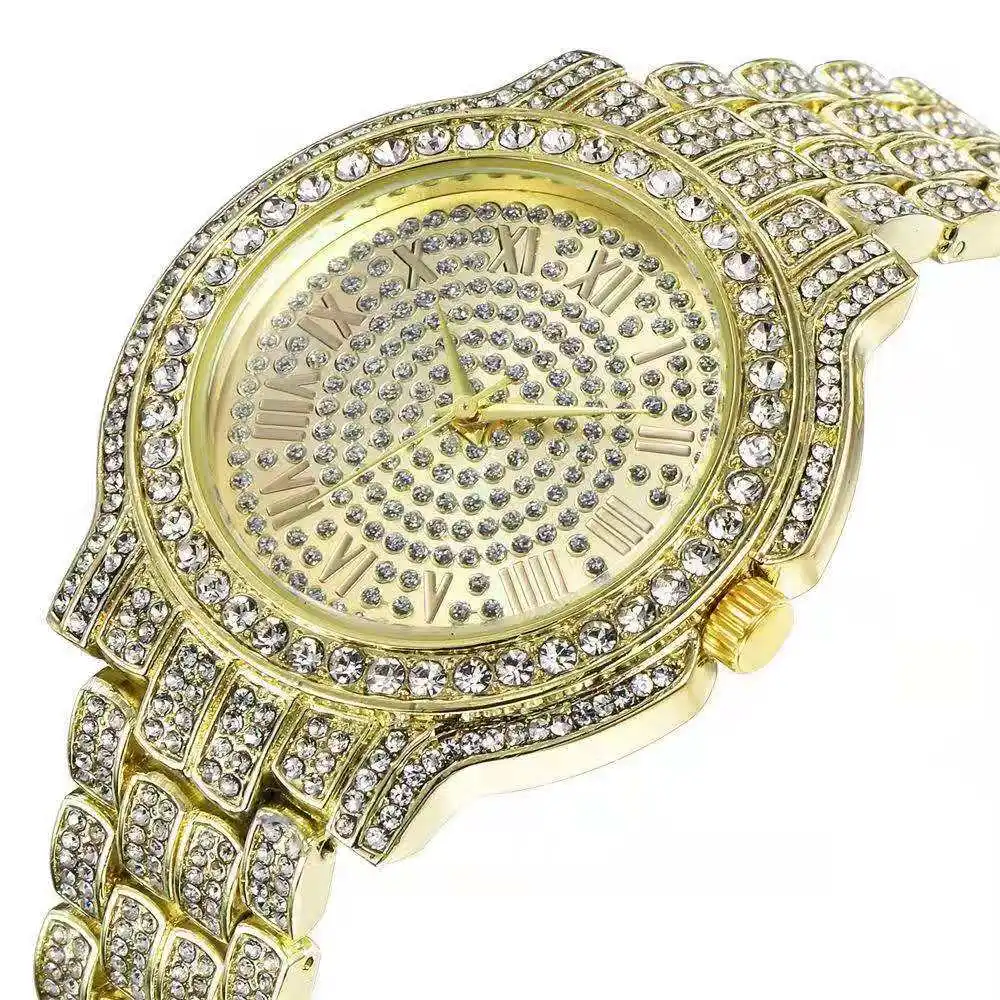 Iced Out-Reloj de pulsera de cuarzo para hombre y mujer, conjunto de joyería de lujo con micropavé, CZ, aleación de diamante, Hip Hop