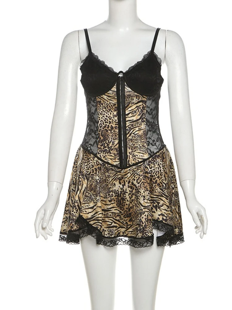 Leosoxs Patchwork Spitze Saum Camis Kleid Frauen Chic Y2K Sexy Leopardenmuster Rückenfrei Geburtstag Urlaub Mitternacht Clubwear Bodycon