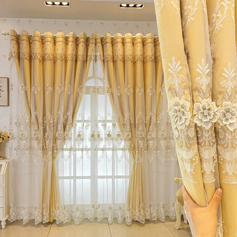 

Элегантные золотые вышитые полупрозрачные шторы с цветочным кружевным узором, двухслойные, для гостиной/спальни