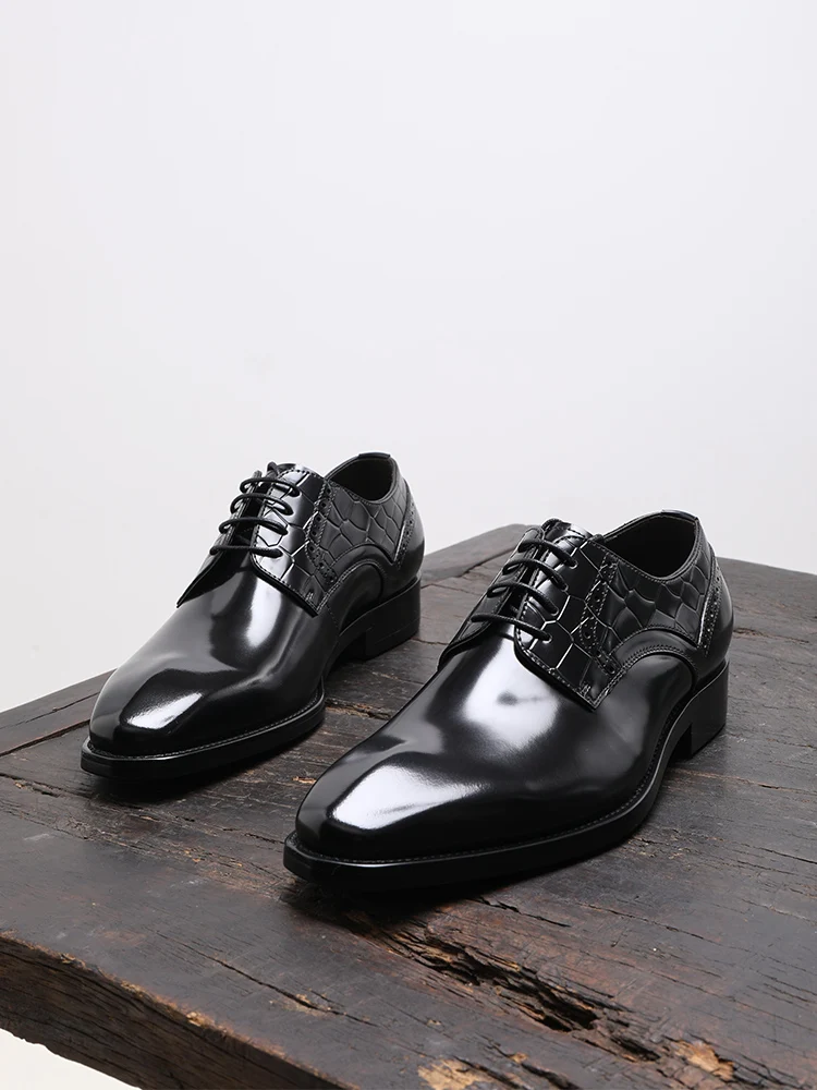 Spring and Autumn New Business Dress Men's Shoes with Bright Leather Square Head Lace up Wedding Shoes