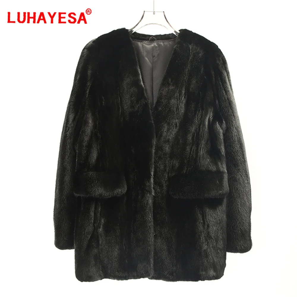 2024 New North Ameria Female Mink Fur Coat Luhayesa Black Medium Long V Neck Top Luxury Real Fur Mink Jackets