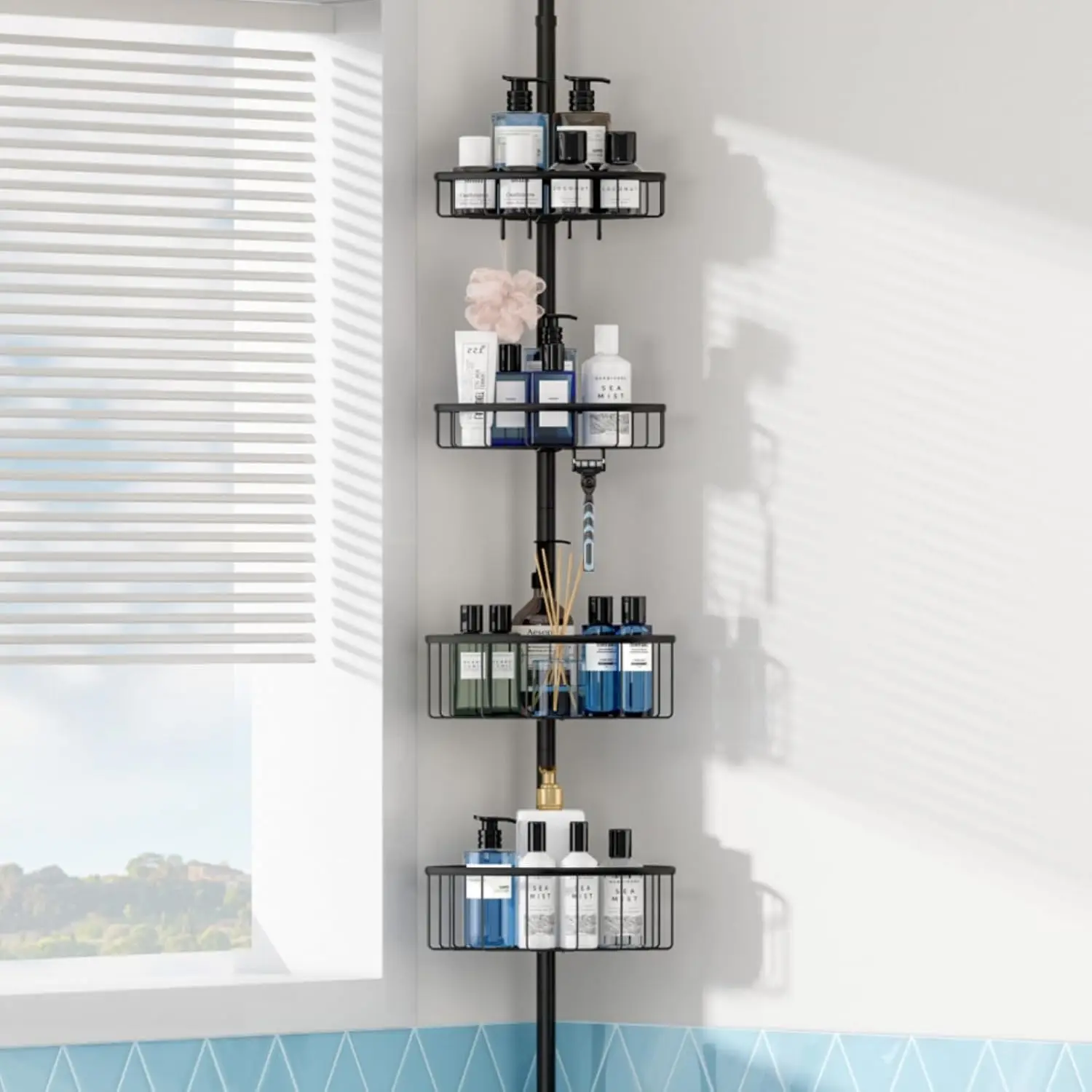 Corner Shower Caddy Tension Pole  Rustproof Shower Organizer with 4 Tier Adjustable Shelves for Bathroom Bathtub Shampoo  Holder