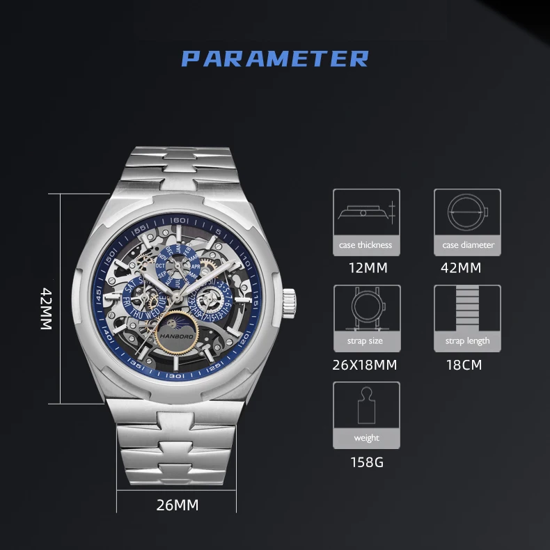 HANBORO New Men Automatic Watch Luxury Mechanical Wristwatch Multifunctional Moon Phase Steel Strap Business Casual Man watches