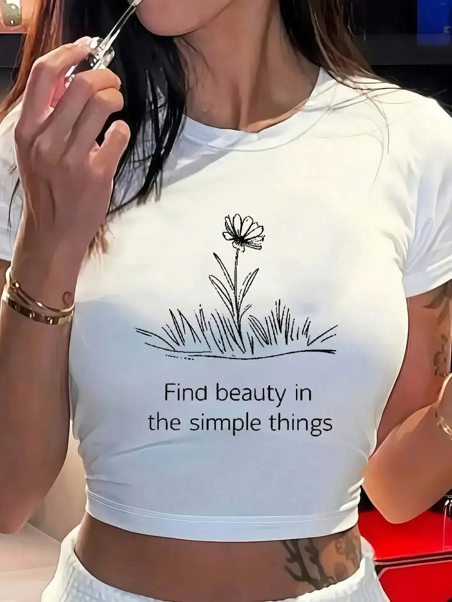 

2D Flat Printed Letter Graphic Tee Crew Neck Short Sleeve Casual Top For Women