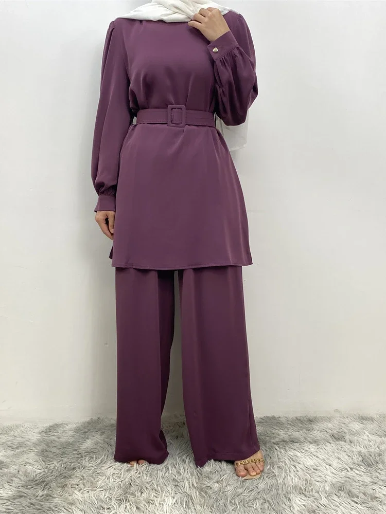 Eid Ramadan Women Muslim Suit Two Piece Sets Tracksuit Belt Islamic Musulman Ensemble Long Sleeve Blouse Wide Leg Pant Suits