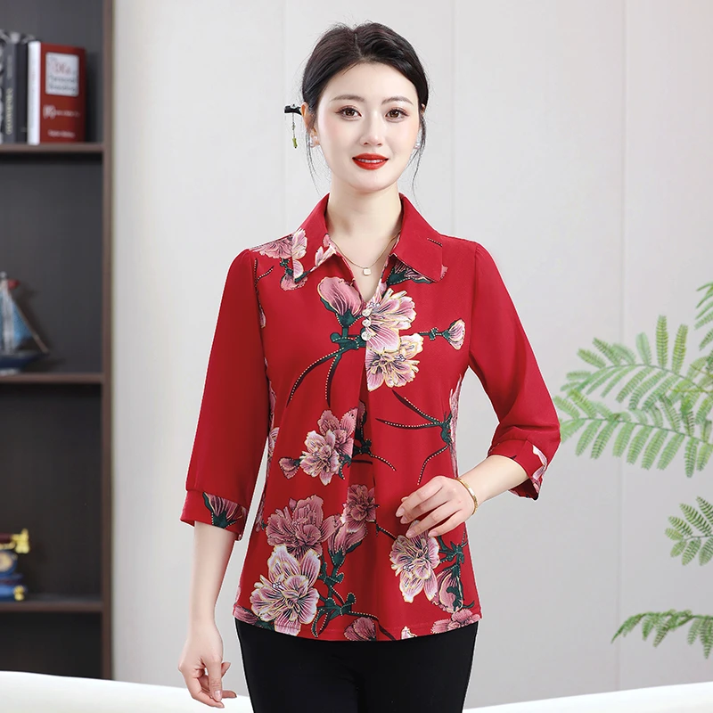Women's Polo Neck Loose Spliced 3/4 Sleeve Summer Fashion Blouses Korean Commute Printing Shirt
