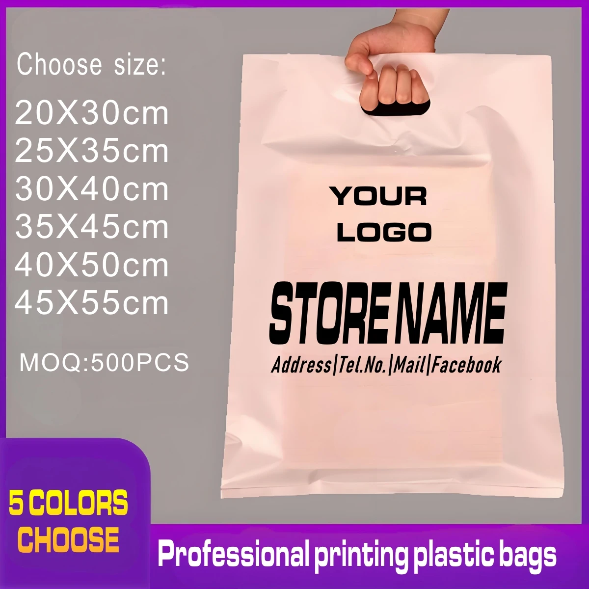 Custom print plastic bags for store, clothes bags or packing bags with logo/name,/adress/mail/tel./Fb. 5colors,6 sizes  choose