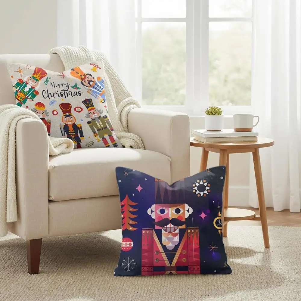 Nutcracker Soldier Christmas Cushion Cover Double-Sided Printed Organic Linen Pillow Cover, Decorative for Sofa Home