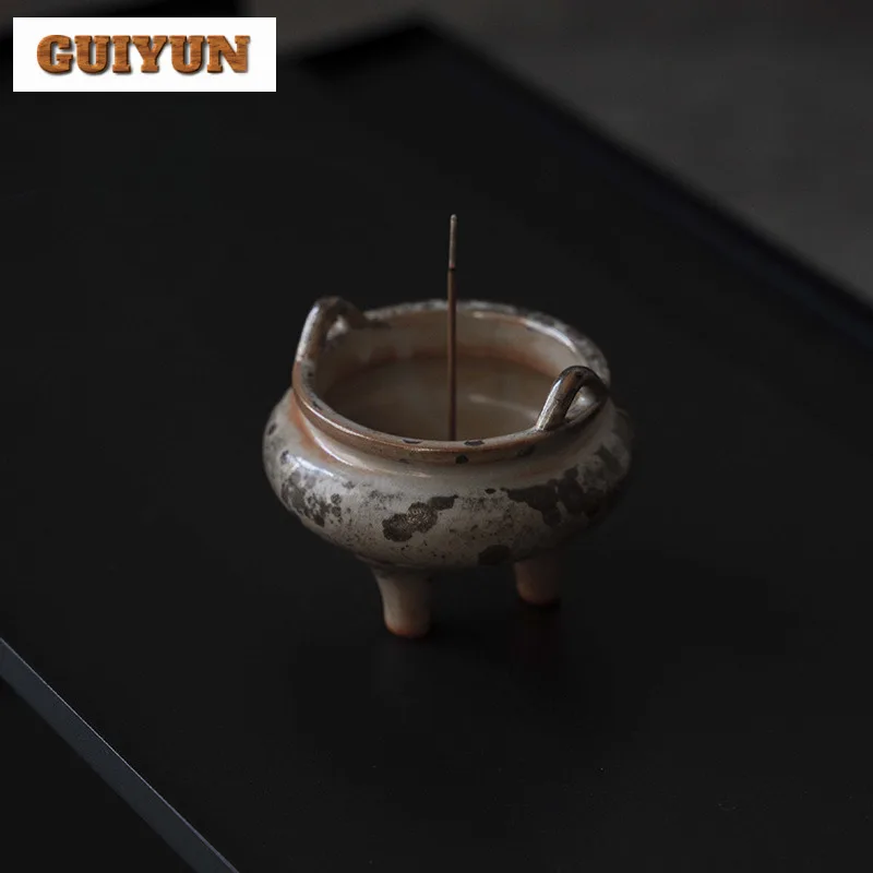 Wood-fired Porcelain Ink Colored Three Legged Dual Ear Incense Holder Aesthetic Zen Garden Smell Distributor Tea Services Craft