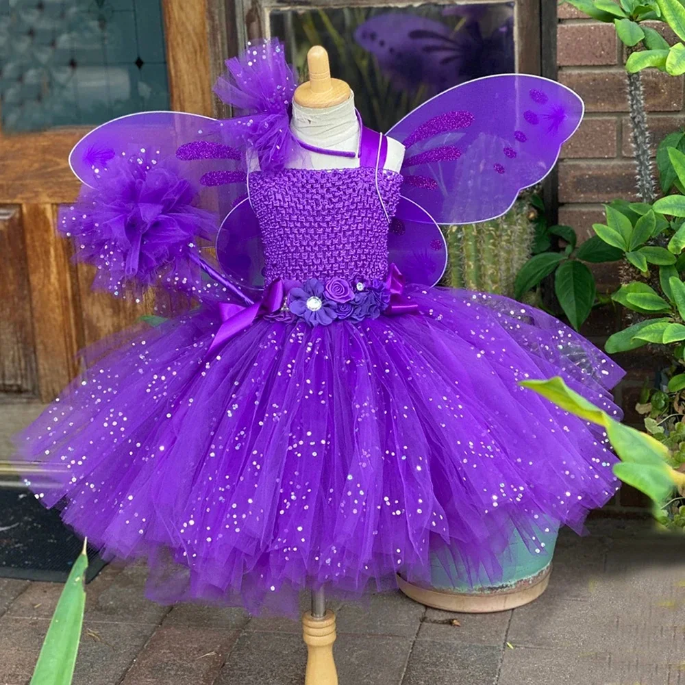 Girls Purple Fairy Dress Kids Glitter Flower Tutus Dresses with Wing Stick  Hairbow Children Birthday Halloween Party Costumes - AliExpress 1501