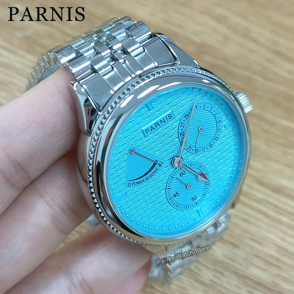 

Parnis 42mm Silver Case Blue Dial Automatic Mechanical Men's Watch Power Reserve Calendar Leather Strap Sports Men Watches