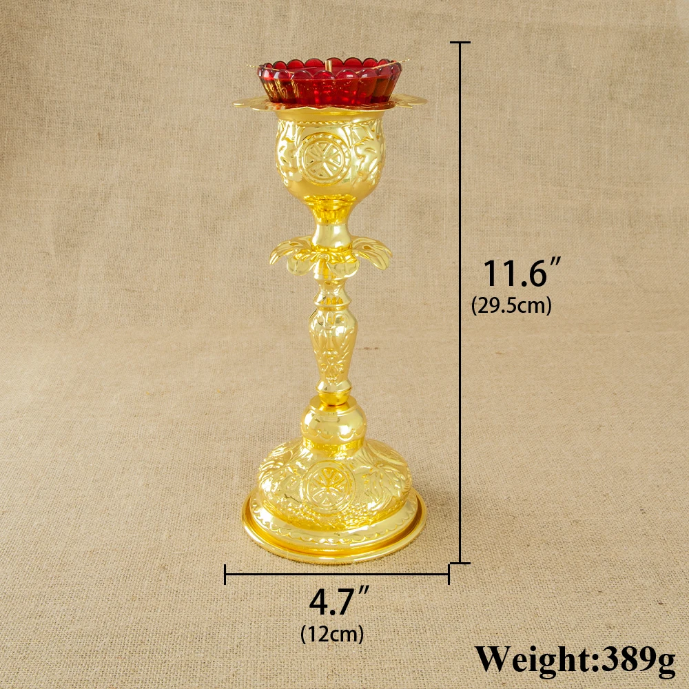 HT Orthodox Church Supplier High Candle Holder Gold Plated Candlestick With Oil Glass Cup Religion Ritual Vigil Lamp