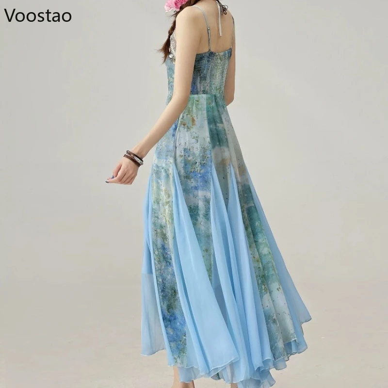 Summer French Seaside Holiday Party Dress Women Elegant Bule Print Sequins Fairy Long Dress Ladies Sweet Beach Boho A-Line Dress