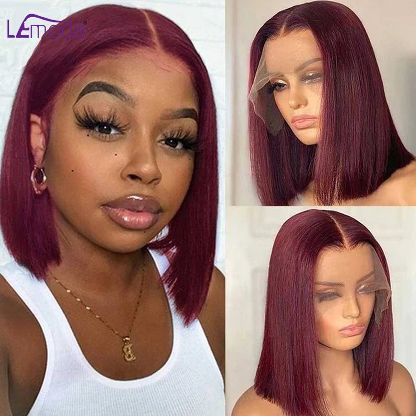 

Burgundy HD Transparent 13x4 Full Lace Frontal Human Hair Wigs 99J Red Straight Bob Wigs For Women Pre Plucked Highlight Wig