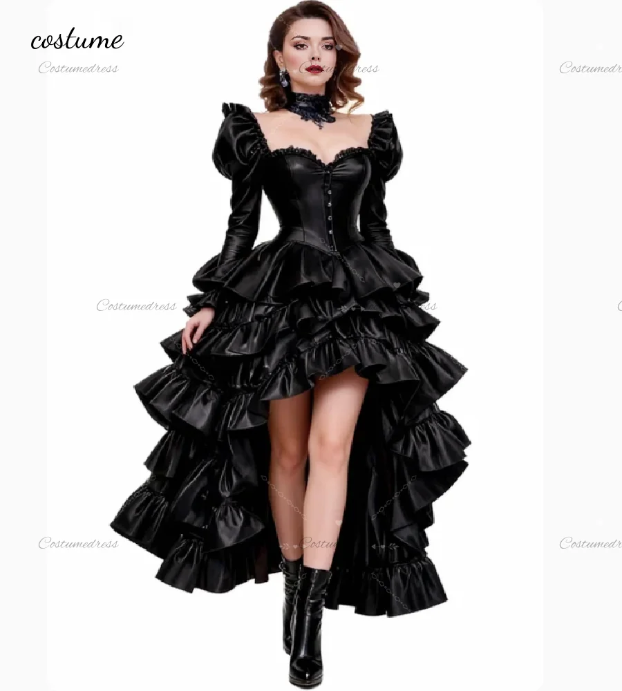 فستان سهرة أسود قوطي عتيق زي متدرج مرحبا منخفض فستان حفلة موسيقية للهالوين مصاص دماء فيكتوري رداء حفلات رسمي كم طويل #1