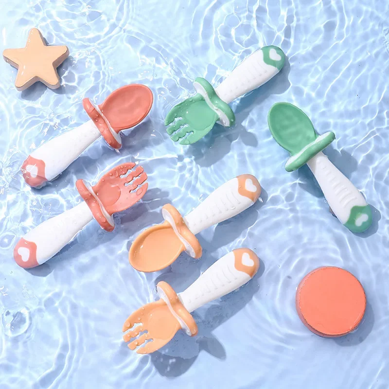 Baby Tableware Set Children Utensil Silicone Toddler Dinnerware Cutlery Cartoon Infant Food Feeding Spoon Fork Baby Gadgets