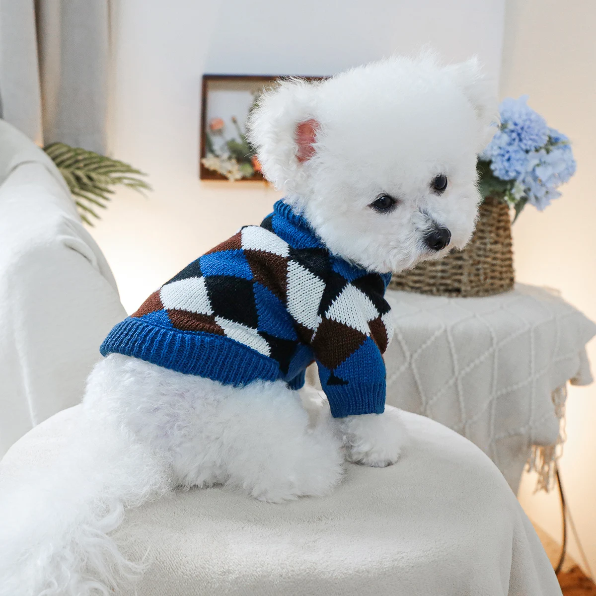 1PC pet clothing blue coffee diamond grid sweater pullover knitted sweater suitable for small and medium-sized dogs