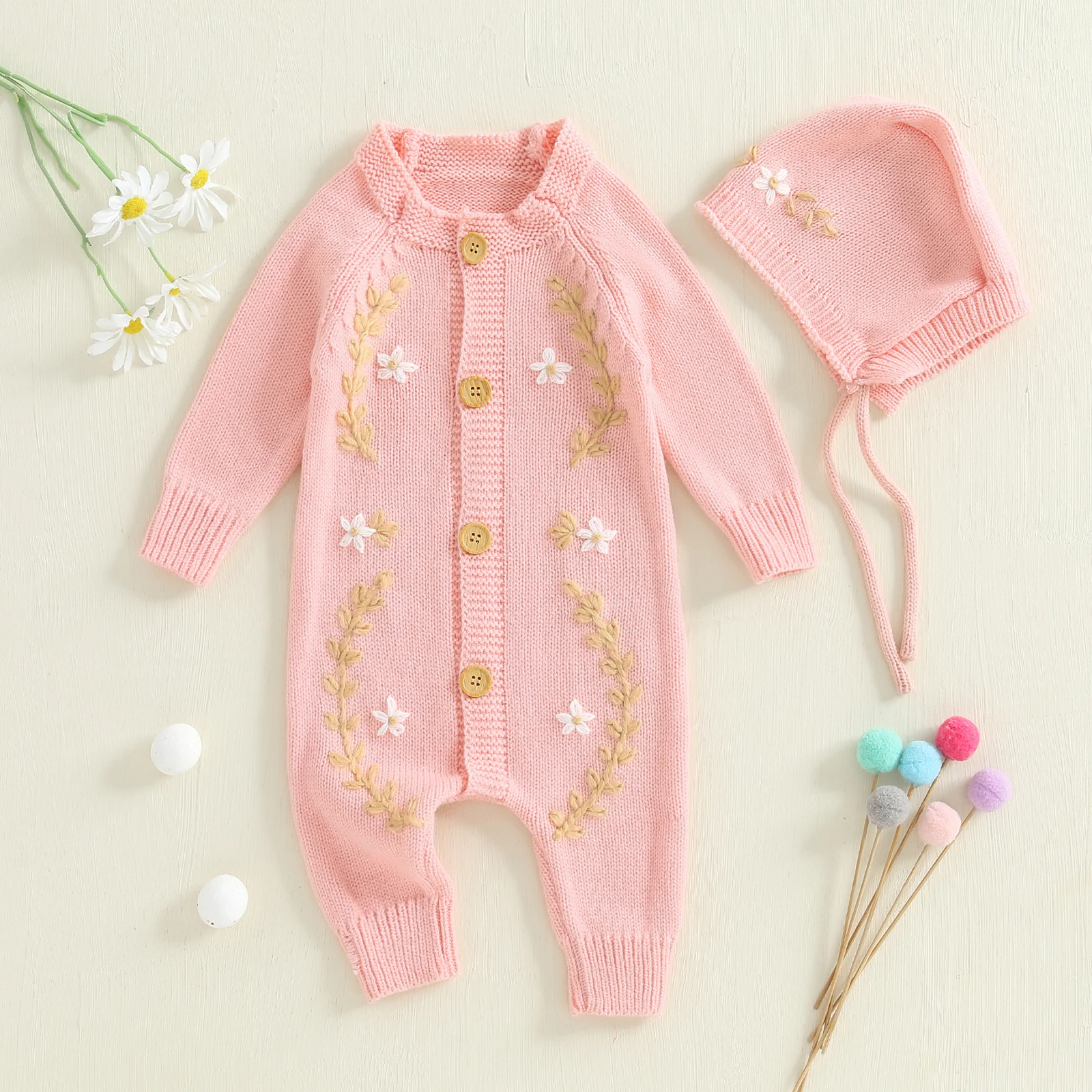

VISgogo 0-18 M Newborn Baby Girl Jumpsuit Fall Clothes Long Sleeve Floral Button Down Full Length Sweater Romper with Hat 2 Pcs