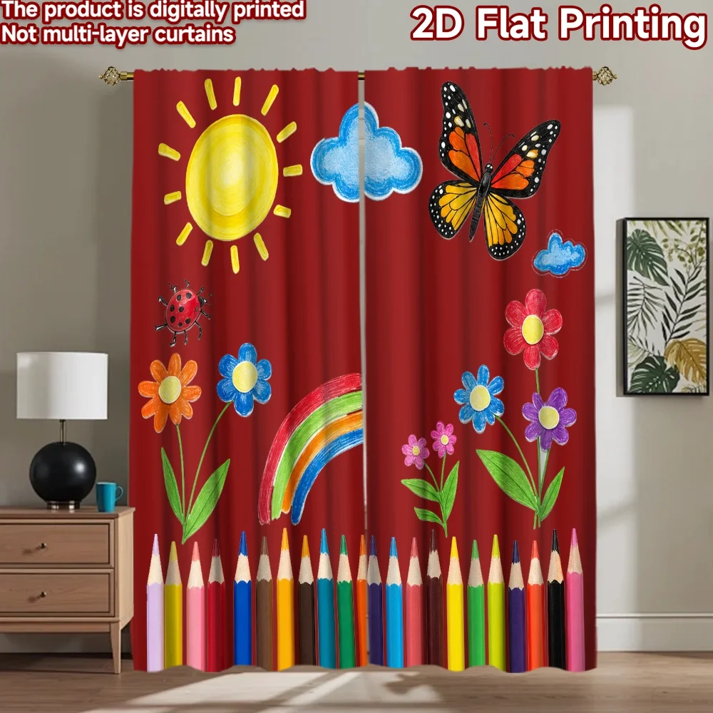 2D flat 2pcs Curtain French Romantic Style Curtains Spring Butterfly Flower Drawing Digitally printed polyester, colorfast