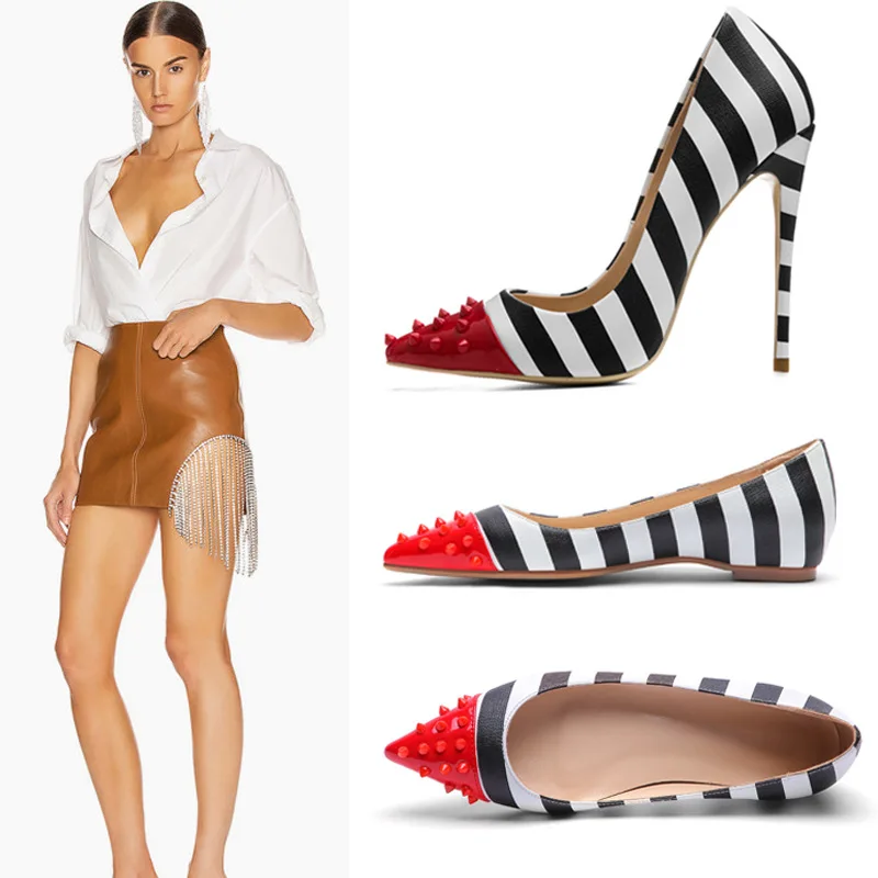 

Pointed Rivets, Black and White Color Matching Stripes, Shallow Cut Runway High Heels, Single Shoes Decors, Large Women's Shoes