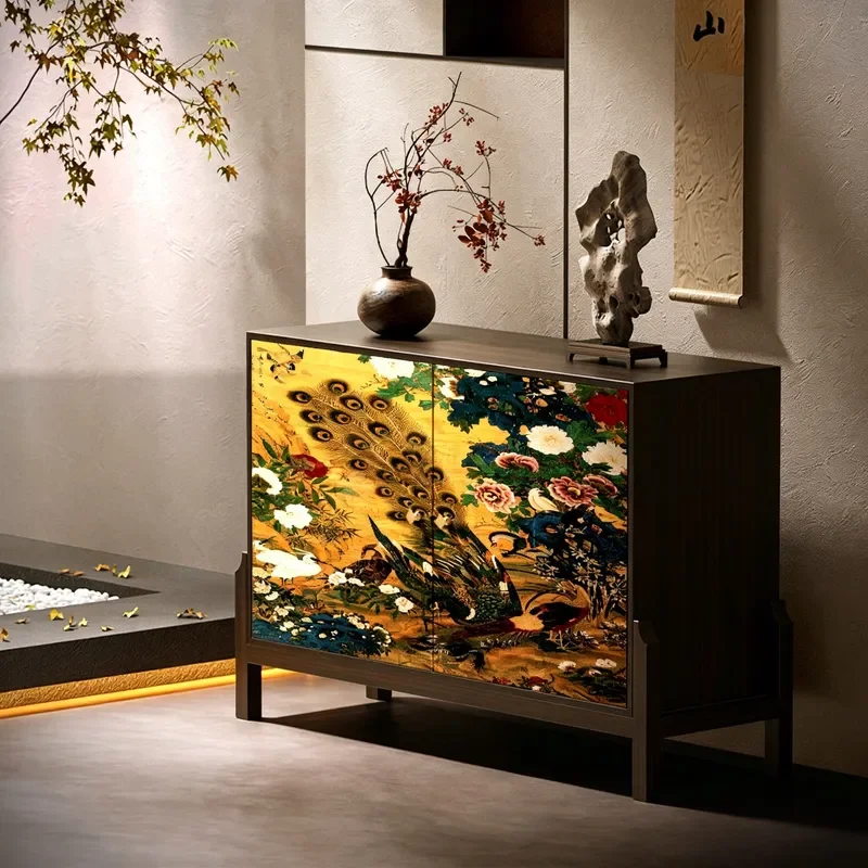New Chinese Style Peacock Peony Solid Wood Entryway Cabinet High Low Shoe Storage Dining Sideboard Partition Shelf Living