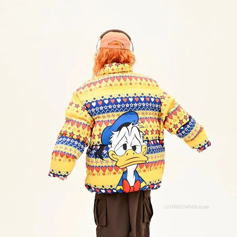 Disney Donald Duck Cartoon American Style Cotton Coat Fun Print Stand Up Collar Cotton Jacket Men Women Winter Versatile Jacket