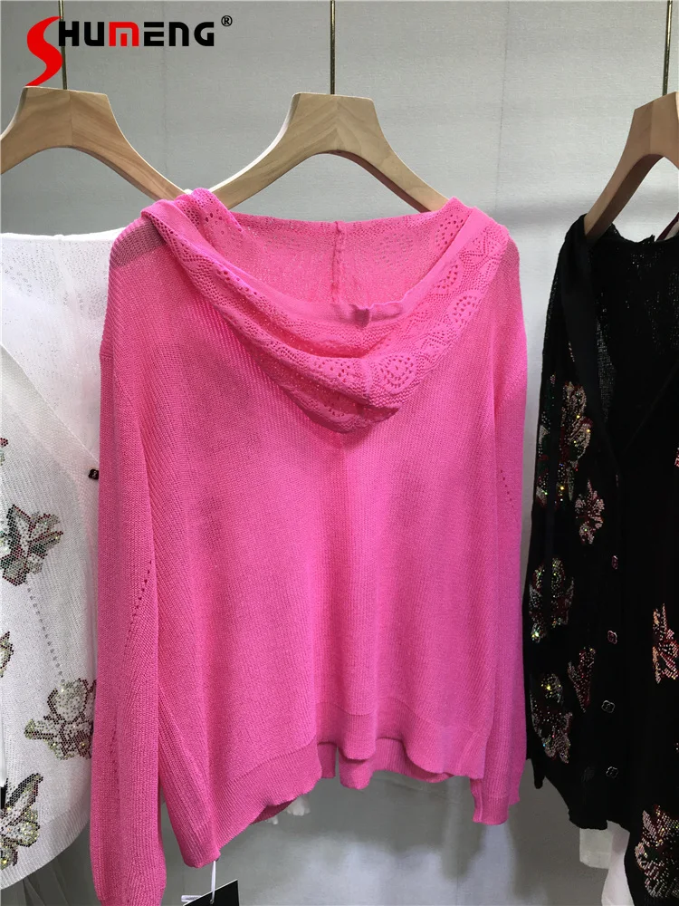 

Fashion Hot Diamond Sunscreen Shirts Women's Light Breathable Knitted Sweaters 2025 Summer Versatile Long-sleeve Sunscreen Shirt