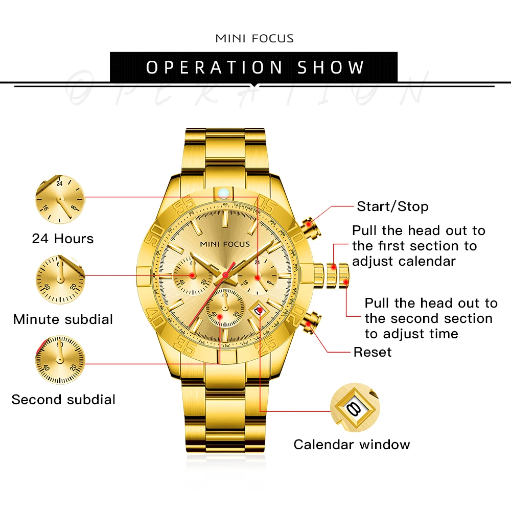 MINI FOCUS Luxury Men's Watch Stainless Steel Waterproof Fashion Quartz Wristwatches 0416G