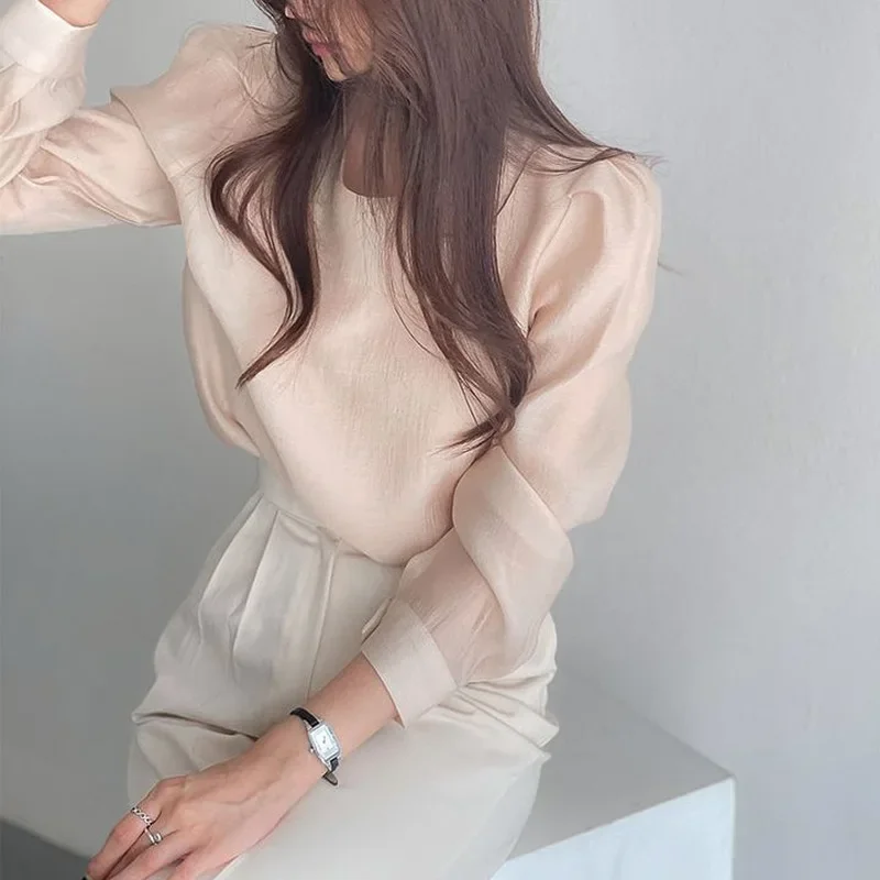 Fashion Round Neck Versatile Long Sleeve White Perspective Shirt Camisas Blouse Loose Tops Mujer Sunscreen  Blusas New