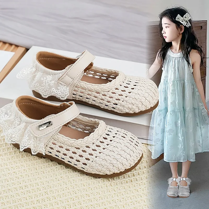 Girls Lace Trim Mary Jane Shoes Children Flats Princess Shoes Weave Breathable Kids Hollow-Out Wedding Party Dress Shoes