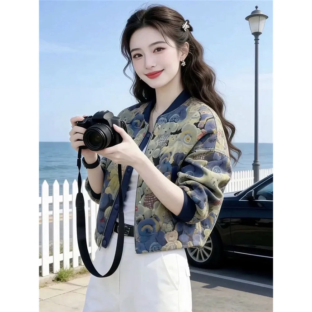 

Women's New 2026 Spring Short Jacket European American Style Heavy Industry Printed Bear Slimming Jacket Top Baseball Clothing