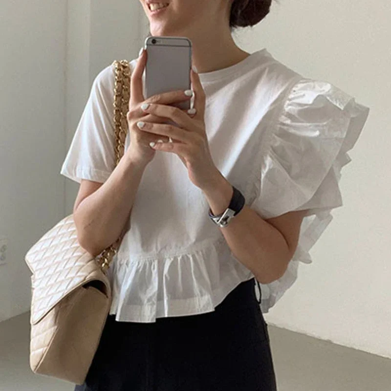 Neploe Korean Niche Temperament Blusa Femme Round Neck Irregular Ruffles Stitching Design Shirt Loose Casual Short Sleeve Blouse