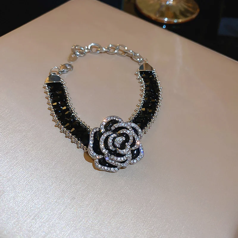FYUAN Fashion Camellia Flower Bracelet Women Black Crystal Chain Bracelets & Bangles Weddings Party Jewelry