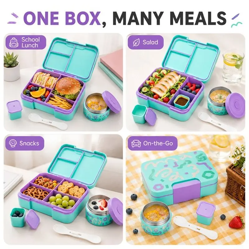 ABRU-Kids Bento Lunch Box With Food Jar Insulated Food Jar Leakproof Compartment Container For School Snacks Meals