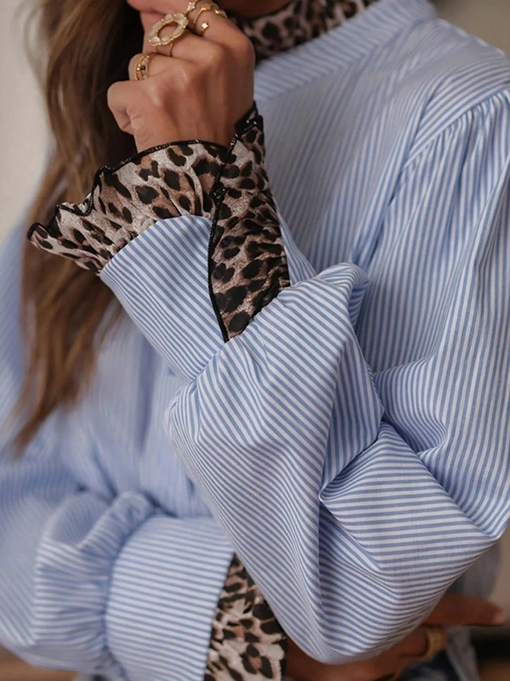 

Fashion Leopard Spliced Stripe Printed Commute Shirts Casual Stand Neck Ruffles Loose Blouse Autumn New Single Breasted Top