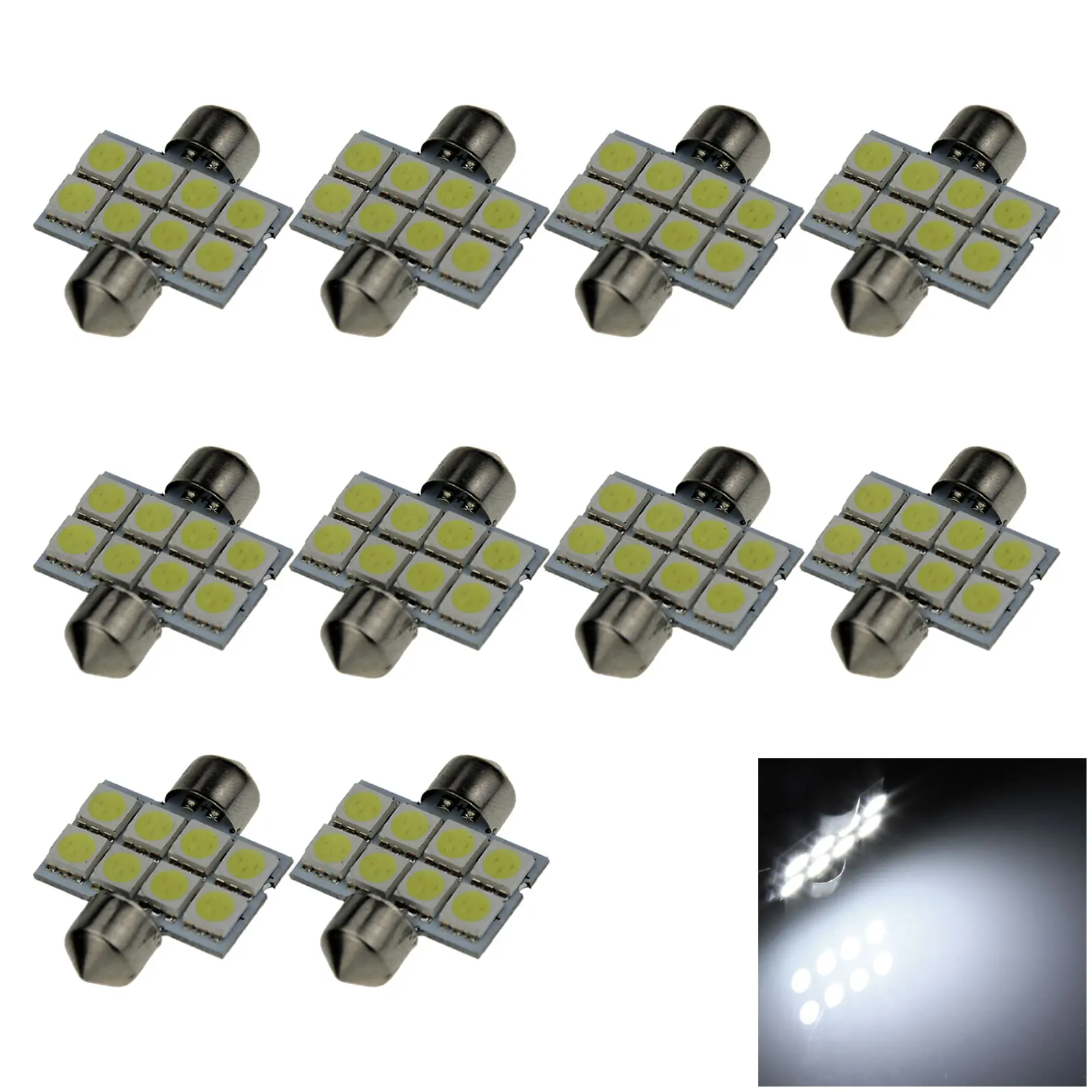 10x White Car 31MM Festoon Light marker Blub 8 Emitters 5050 SMD LED 30922 I005-W