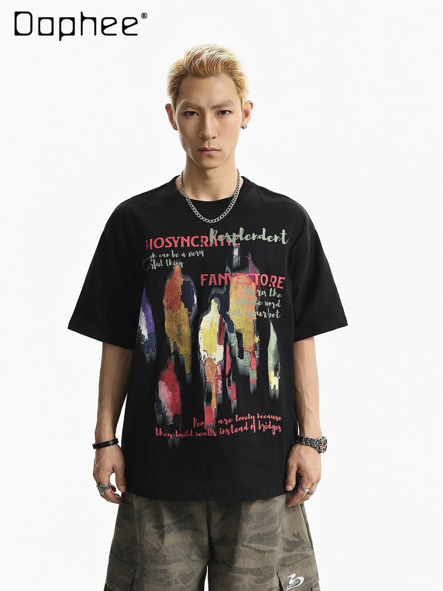 

Summer New American High Street Style Men's Loose Casual Abstract Character and Letter Print Round Neck Short-sleeve T-shirt