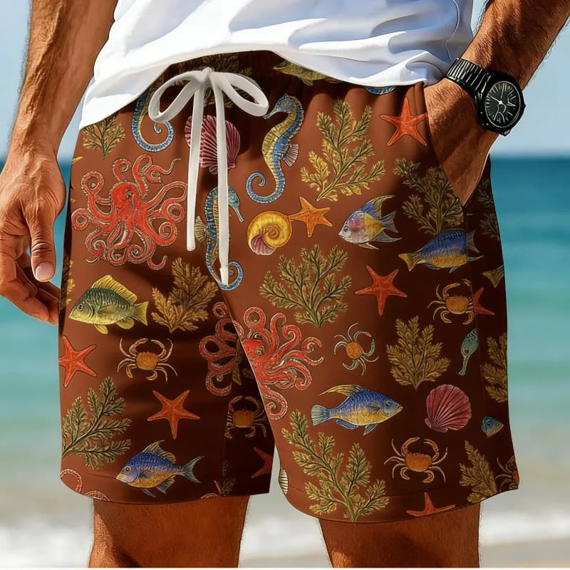 

Men's Retro Coastal Marine Life Print Beach Shorts, Casual Drawstring Swim Trunks, Made for Vacation & Beach Wear
